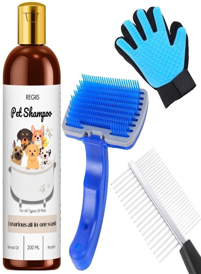Regiis Pet Grooming Set with All-in-One Dog Shampoo, 200ml, Includes Deshedding Brush and Grooming Glove, Luxurious Wash for All Pet Types(Pack of 4) - Image 1